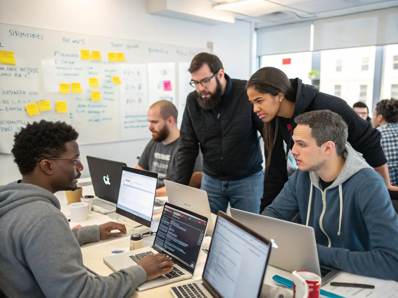 A group of NextGov developers collaborating on a software interface, representing the agile development and testing of minimum viable solutions.